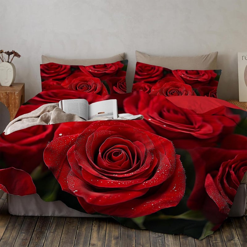 Bedding Set Romantic Theme Duvet Cover Set Queen with Zipper Closure Quilt Cover 3Pcs Cover with Pillow Shams A Bouquet of Red Roses 90 x 90in - Image 2