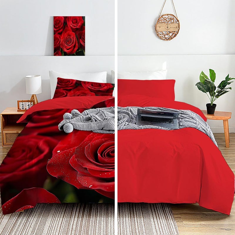 Bedding Set Romantic Theme Duvet Cover Set Queen with Zipper Closure Quilt Cover 3Pcs Cover with Pillow Shams A Bouquet of Red Roses 90 x 90in - Image 4