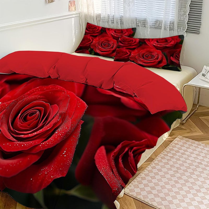Bedding Set Romantic Theme Duvet Cover Set Queen with Zipper Closure Quilt Cover 3Pcs Cover with Pillow Shams A Bouquet of Red Roses 90 x 90in - Image 3
