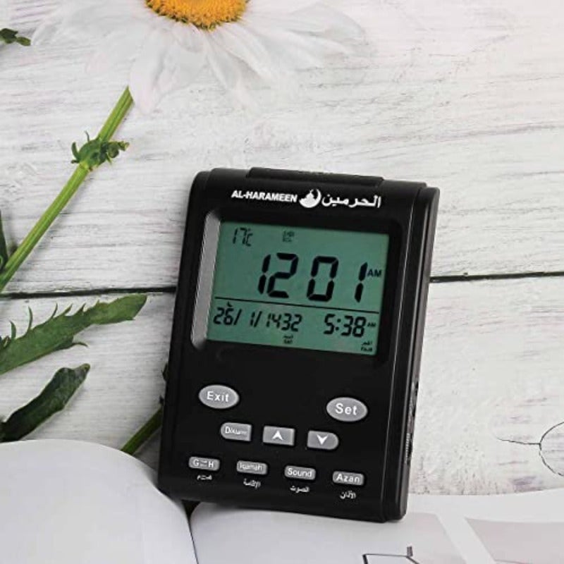 ساعة الأذان LCD مع منبه للصلاة - ساعة حائط هجرية للمكتب والمنزل والمسجد - ساعة بجانب السرير سوداء HA-3011 - Image 3