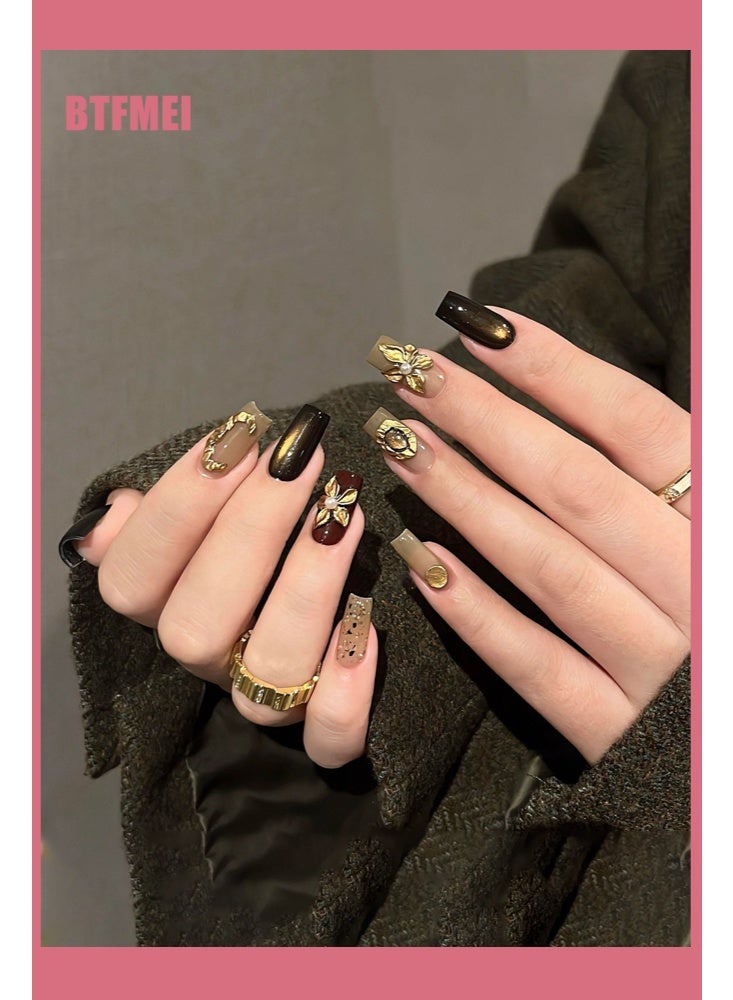 BTFMEI 3D Floral Carved Press On False Nails, Metallic-effect Carved Brown Cat-eye Nail Art,Short Wearable Nails, Reusable Nail Art Kit,Finished Nails Suitable for Girls - Image 2