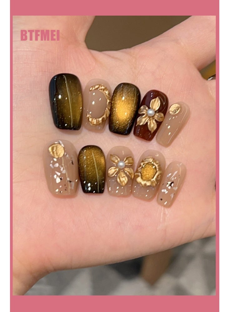 BTFMEI 3D Floral Carved Press On False Nails, Metallic-effect Carved Brown Cat-eye Nail Art,Short Wearable Nails, Reusable Nail Art Kit,Finished Nails Suitable for Girls - Image 3
