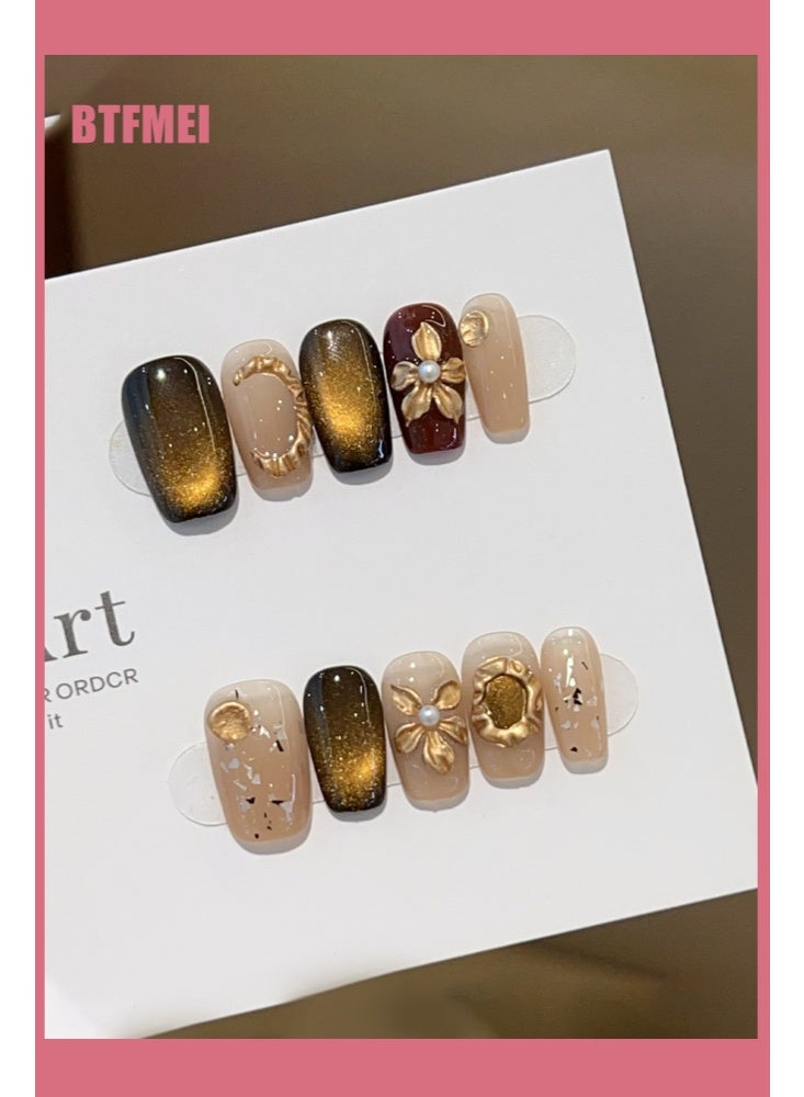 BTFMEI 3D Floral Carved Press On False Nails, Metallic-effect Carved Brown Cat-eye Nail Art,Short Wearable Nails, Reusable Nail Art Kit,Finished Nails Suitable for Girls - Image 4