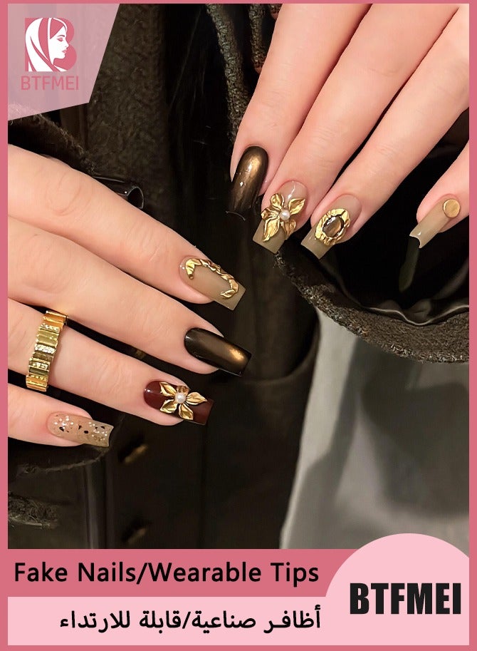 BTFMEI 3D Floral Carved Press On False Nails, Metallic-effect Carved Brown Cat-eye Nail Art,Short Wearable Nails, Reusable Nail Art Kit,Finished Nails Suitable for Girls - Image 1