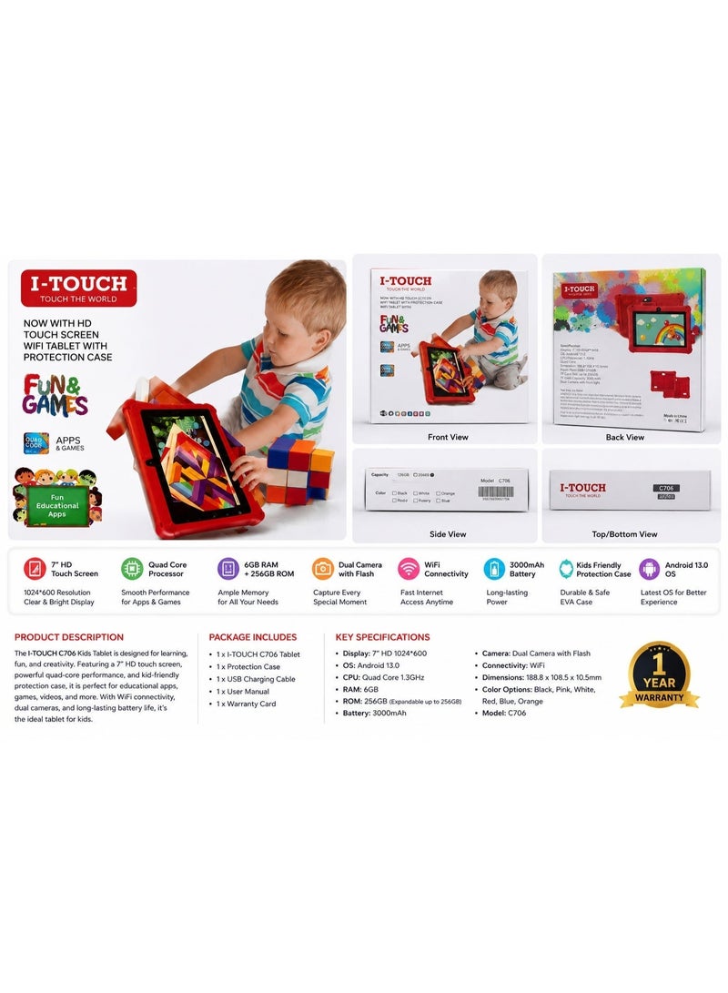 I-TOUCH C706 Kids Tablet 7-Inch HD IPS WiFi Tablet | Android 13 | 6GB RAM | 256GB Storage | Quad-Core Processor | Dual Camera | Shockproof EVA Protective Case | Black - Image 2