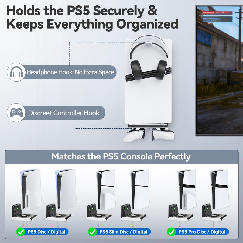 Gersker P5 Wall Mount Kit with Controller Holder Compatible with P5/Slim/Pro Disc & Digital, Pa5 Mount Floating for Gaming Accessories, Compact Pa5 Vertical Wall Shelf Organizer Bracket with Headphone Hook - Image 2