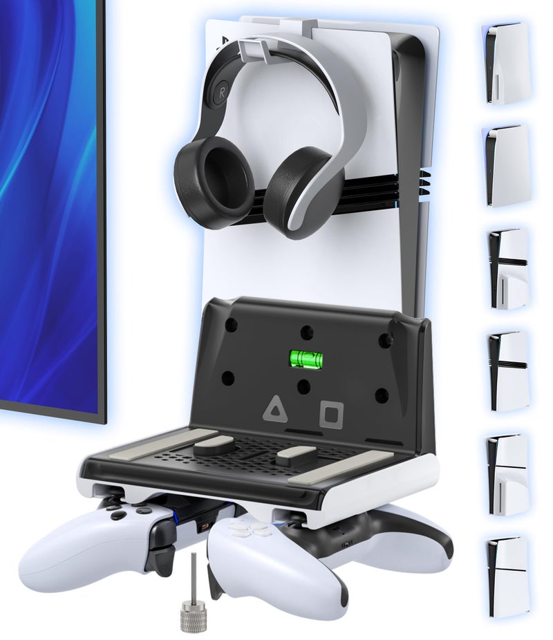 Gersker P5 Wall Mount Kit with Controller Holder Compatible with P5/Slim/Pro Disc & Digital, Pa5 Mount Floating for Gaming Accessories, Compact Pa5 Vertical Wall Shelf Organizer Bracket with Headphone Hook - Image 1