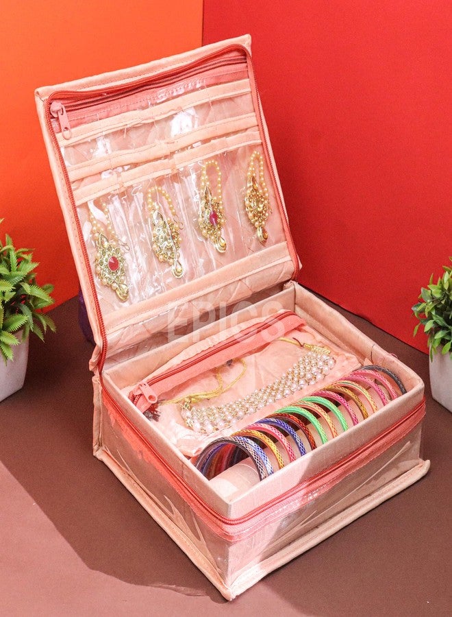 Epics Premium Peach Jewelry Organizer for Women – Zip Closure Bangle, Necklace & Earring Storage Case for Travel & Bridal Use - Image 1