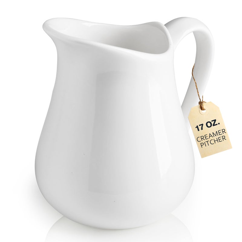 LYEOBOH 17 OZ Creamer Pitcher Ceramics Creamer with Handle Coffee Milk Pourer for Home Kitchen Microwave Dishwasher Freezer Safe White