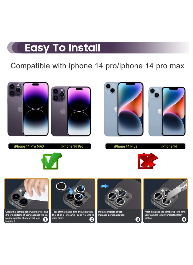 iPhone 14 Pro 6.1 inch /14 Pro Max 6.7 inch Camera Lens Protector, Set with Diamonds Bling Camera Cover Tempered Glass for iPhone 14 Pro Max /14 Pro 【Perfectly Fit】 - Diamond Black - Image 2