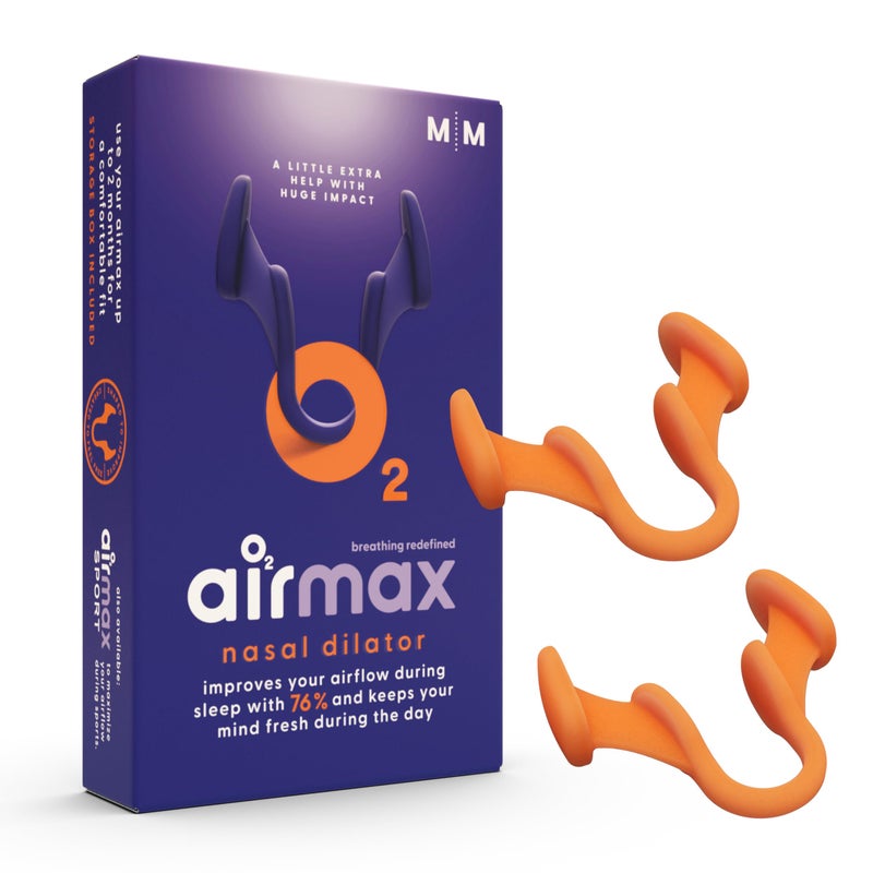 AIR MAX دواعم أنف AIRMAX للنوم - 76% تدفق هواء أكثر - أجهزة مضادة للشخير - تنفس بحرية من خلال الأنف - تخفيف الجيوب الأنفية، حل للتخفيف والشخير - 2X متوسط برتقالي - 6 أشهر من التخفيف - Image 1