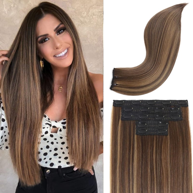 REECHO Clip in Hair Extensions Hair Extensions Thick Long Lace Weft Lightweight Synthetic Hairpieces for Women 24 Inch240 GramPack of 5 Medium Brown with Blonde Highlights