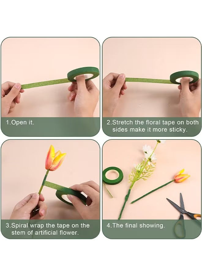 زيفانا 4 لفات من الشريط الأخضر المزين بالزهور - عرض 1.2 سم × طول 18 م لكل لفة لتغليف سيقان الزهور، باقات الزهور المصنوعة يدويًا، ديكورات حفلات الزفاف، صنع أكاليل الزهور وترتيبات الزهور - Image 5