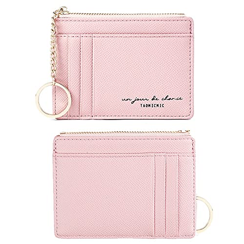 Prometheism Women Slim Leather Card Case Holder Small Wallet Cute Coin Purse Girl Mini Wallet with Keychain (Pink) - Image 4
