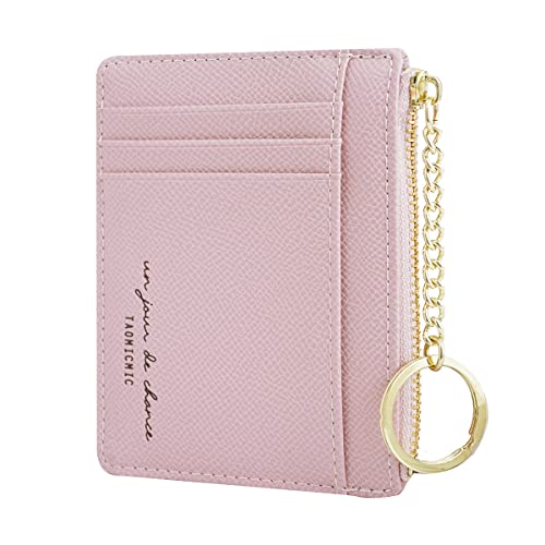 Prometheism Women Slim Leather Card Case Holder Small Wallet Cute Coin Purse Girl Mini Wallet with Keychain (Pink) - Image 1