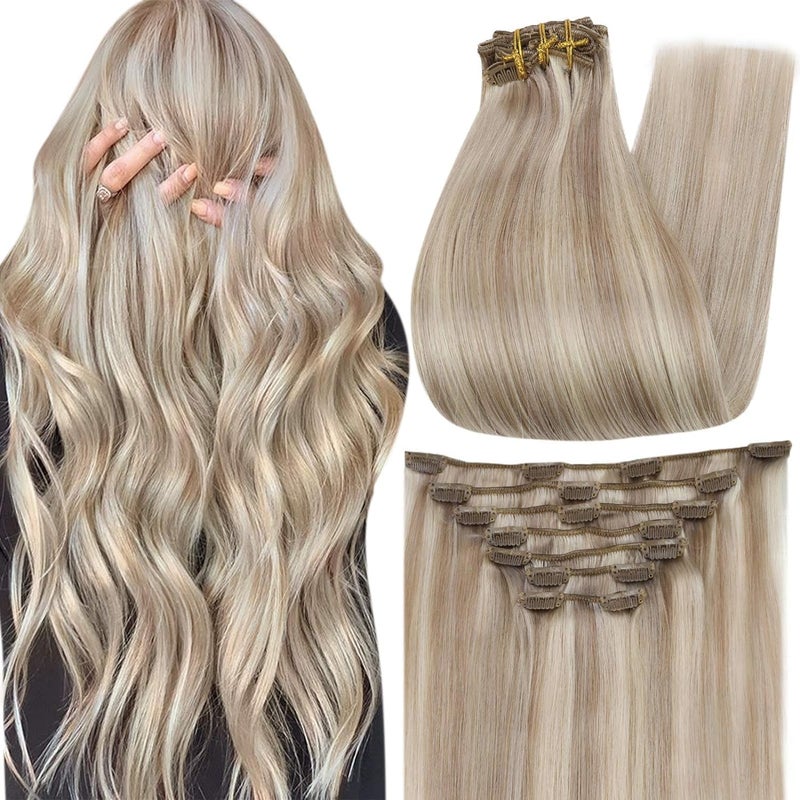 Full Shine Ash Blonde Clip in Hair Extensions Human Hair 22 Inch Ash Blonde Extensions Seamless Clip in Hair Extensions Human Hair for Women 7 Pcs 120 G