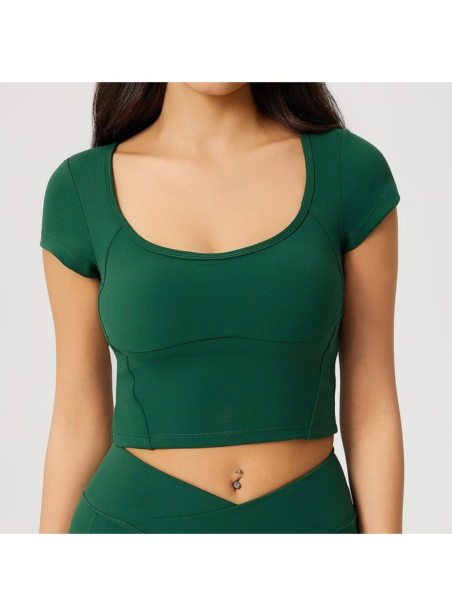 European And American Style Yoga Tops For Women, Short-sleeved With Chest Pads, Running Training, Pilates Sports Short T-shirts, Slimming Fitness Wear