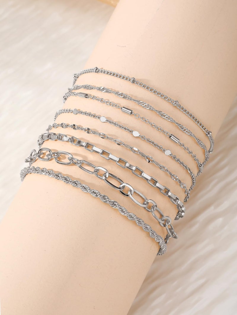 IFKM Silver Bracelets for Women, 14K Gold Plated Dainty Link Chain Bracelet set, Trendy Stackable Layered Bracelets jewelry Gifts - Image 5