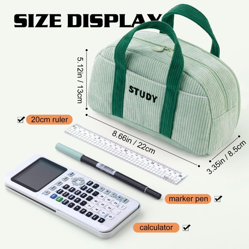 EASTHILL Corduroy Hand-held Pencil Case Large Cute Pencil Pouch Stationery Pen Bag for Teen Girls-Green - Image 2