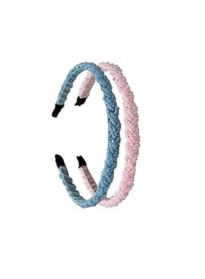 El Regalo 2PCs Braided Crystal Beads Hair Bands for Kids/Girls/Teens/Women | Party Bridal Headpieces | Crystal Headband Fine Glitter Crystal Hairband Headband (Pink & Blue) - Image 1