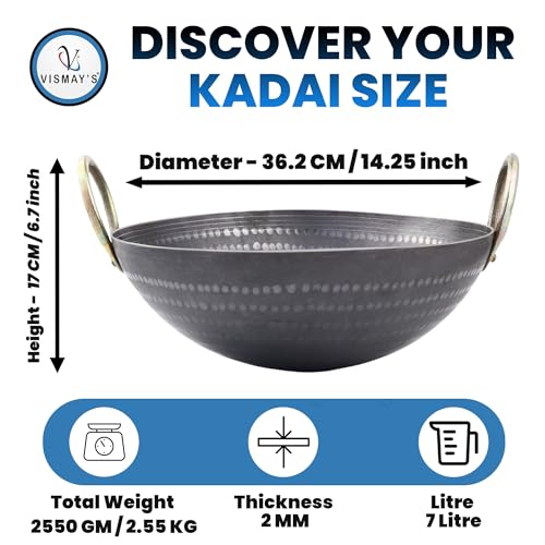 VISMAY'S 7 Litre 14.5 inch Food Grade Iron Kadai India’s 1st Smooth Edge Kadhai Strong Riveted Handle Traditional Frying Pan Wok Hammered Heavy Base Metal Spoon Friendly Works on Gas and Induction - Image 2