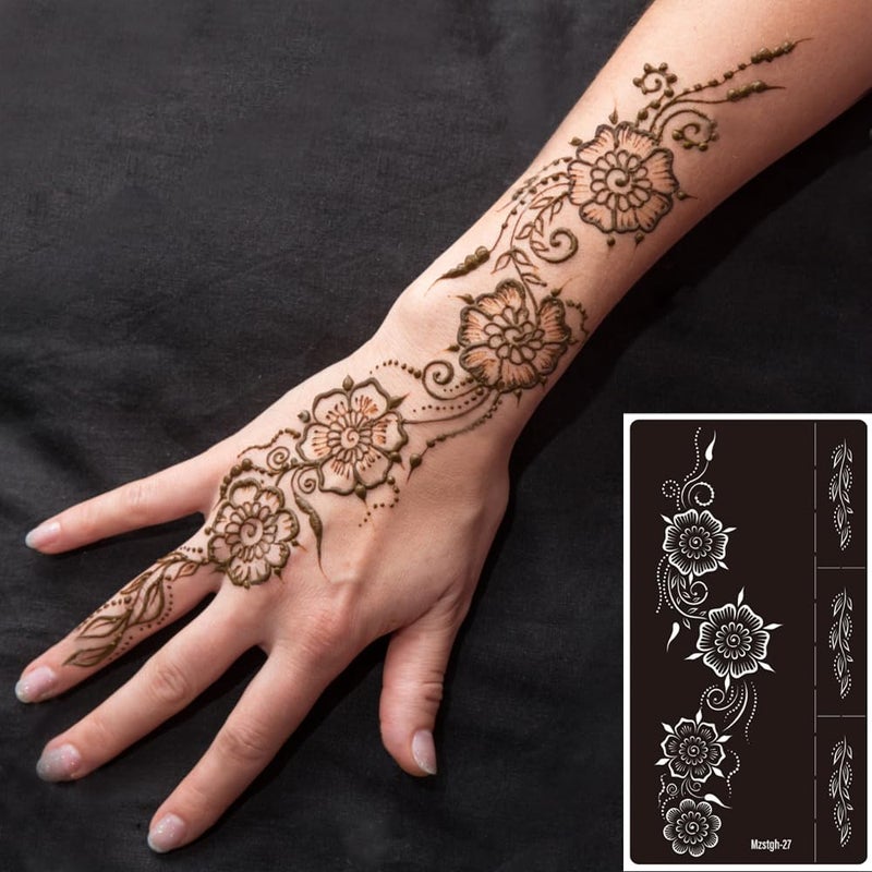 Mzstgh 9 Sheet Temporary Tattoo Stencils,Henna tattoo kit Reusable henna Tattoo Sticker Indian Temporary Tattoo Stickers Self Adhesive Tattoo Templates - Image 3