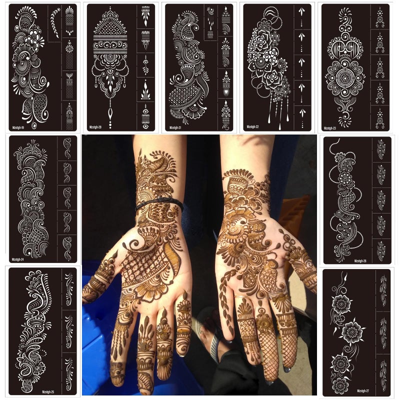Mzstgh 9 Sheet Temporary Tattoo Stencils,Henna tattoo kit Reusable henna Tattoo Sticker Indian Temporary Tattoo Stickers Self Adhesive Tattoo Templates - Image 1