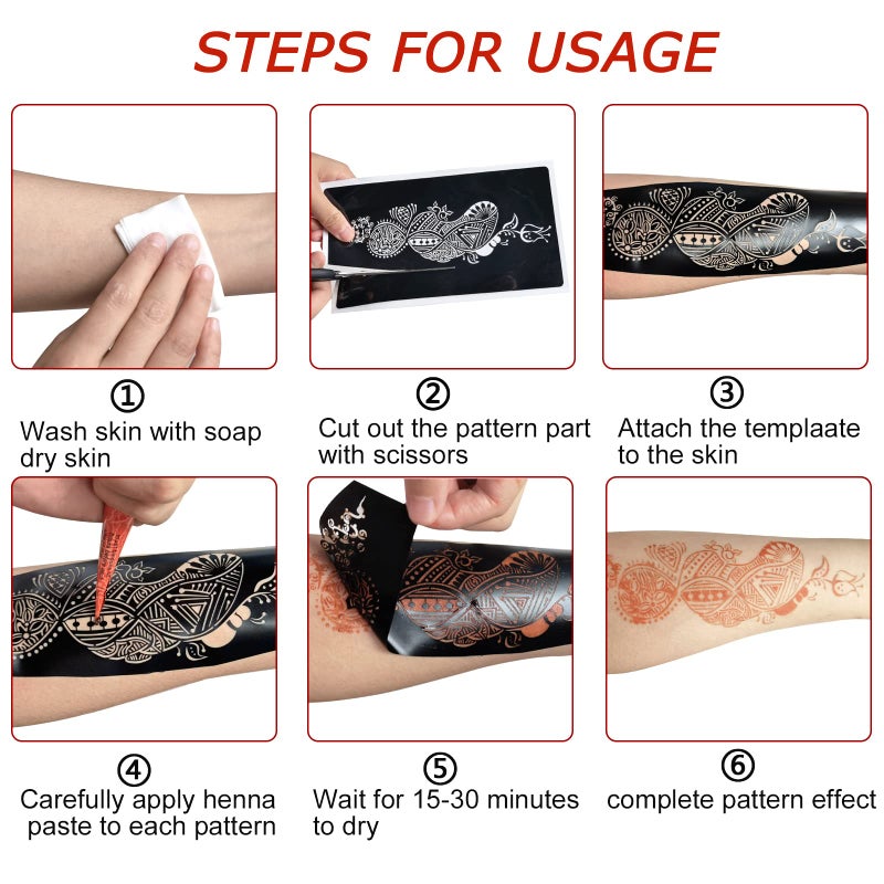 Mzstgh 9 Sheet Temporary Tattoo Stencils,Henna tattoo kit Reusable henna Tattoo Sticker Indian Temporary Tattoo Stickers Self Adhesive Tattoo Templates - Image 5