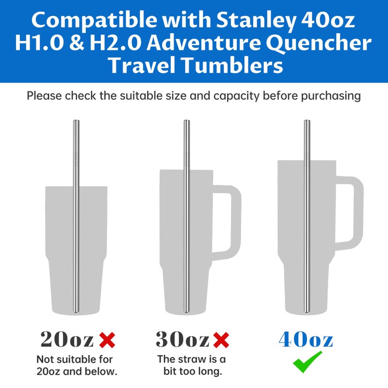 Tomorotec 8-Pack Stainless Steel Straws Fit for 40oz Stanley Tumblers, 12" Metal Straws for Stanley Cup with 1 Brush, Reusable Drinking Straws for Smoothies, Milkshakes, Dishwasher Safe & BPA-Free - Image 2