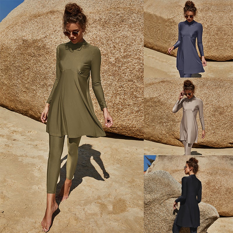 Summer Arabian Long Sleeve Swimsuit Suit Conservative Beach Surfing Swimsuit Pleated Half-High Collar Swimsuit Two-Piece Set - Image 2