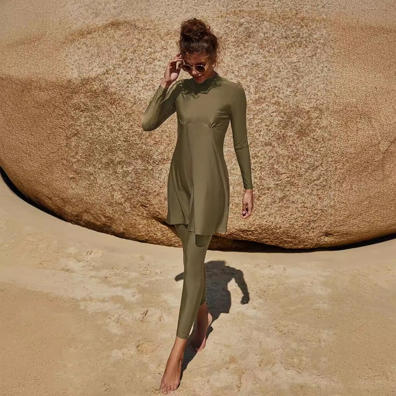 Summer Arabian Long Sleeve Swimsuit Suit Conservative Beach Surfing Swimsuit Pleated Half-High Collar Swimsuit Two-Piece Set - Image 4