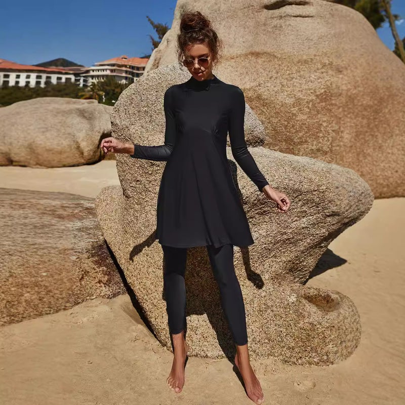 Summer Arabian Long Sleeve Swimsuit Suit Conservative Beach Surfing Swimsuit Pleated Half-High Collar Swimsuit Two-Piece Set - Image 3