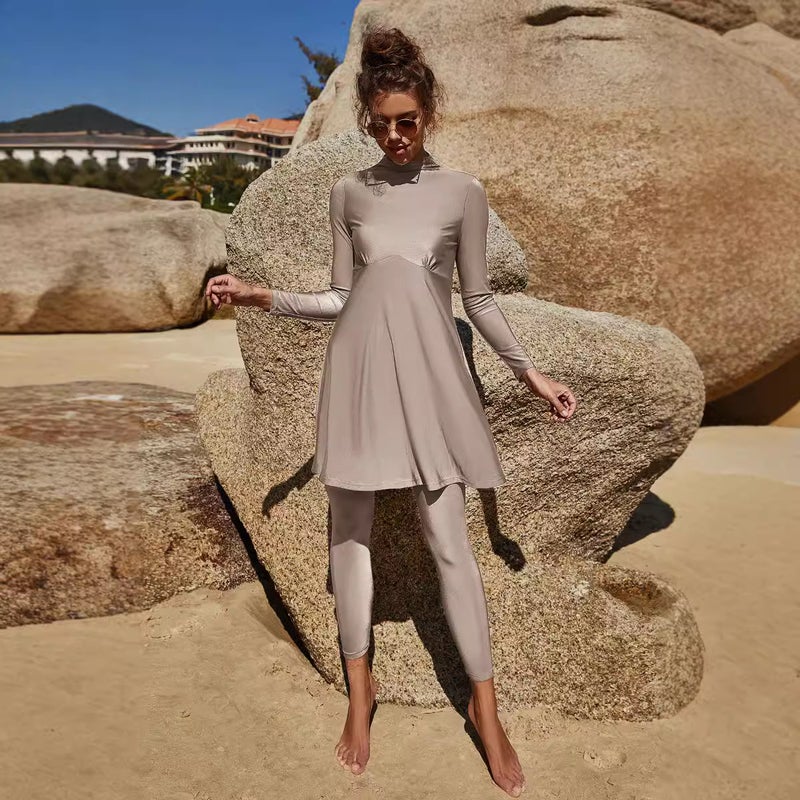 Summer Arabian Long Sleeve Swimsuit Suit Conservative Beach Surfing Swimsuit Pleated Half-High Collar Swimsuit Two-Piece Set - Image 5