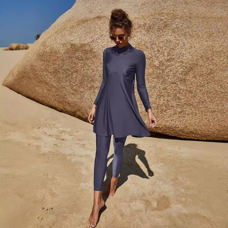 Summer Arabian Long Sleeve Swimsuit Suit Conservative Beach Surfing Swimsuit Pleated Half-High Collar Swimsuit Two-Piece Set - Image 1