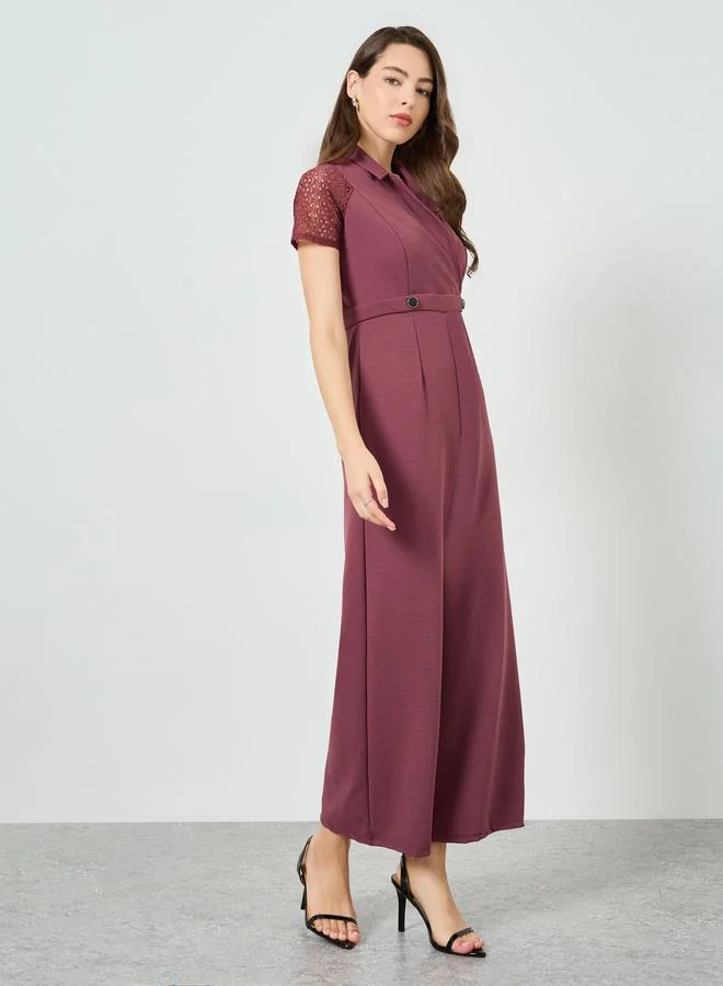 Styli  Pink Lace Sleeve Wide Leg Jumpsuit for Women | Best Price UAE