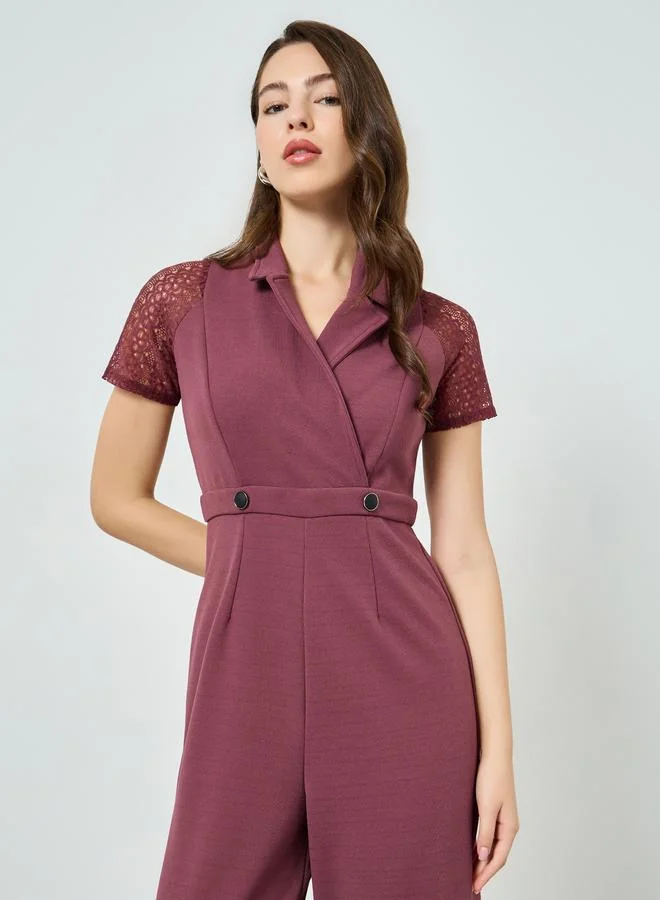 Styli Pink Lace Sleeve Wide Leg Jumpsuit