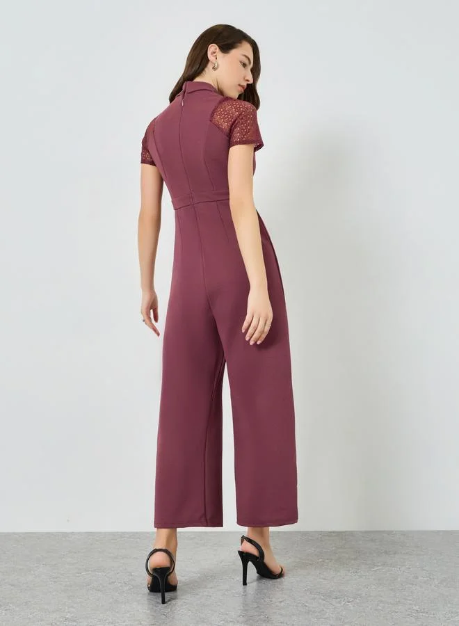 Styli  Pink Lace Sleeve Wide Leg Jumpsuit for Women | Best Price UAE