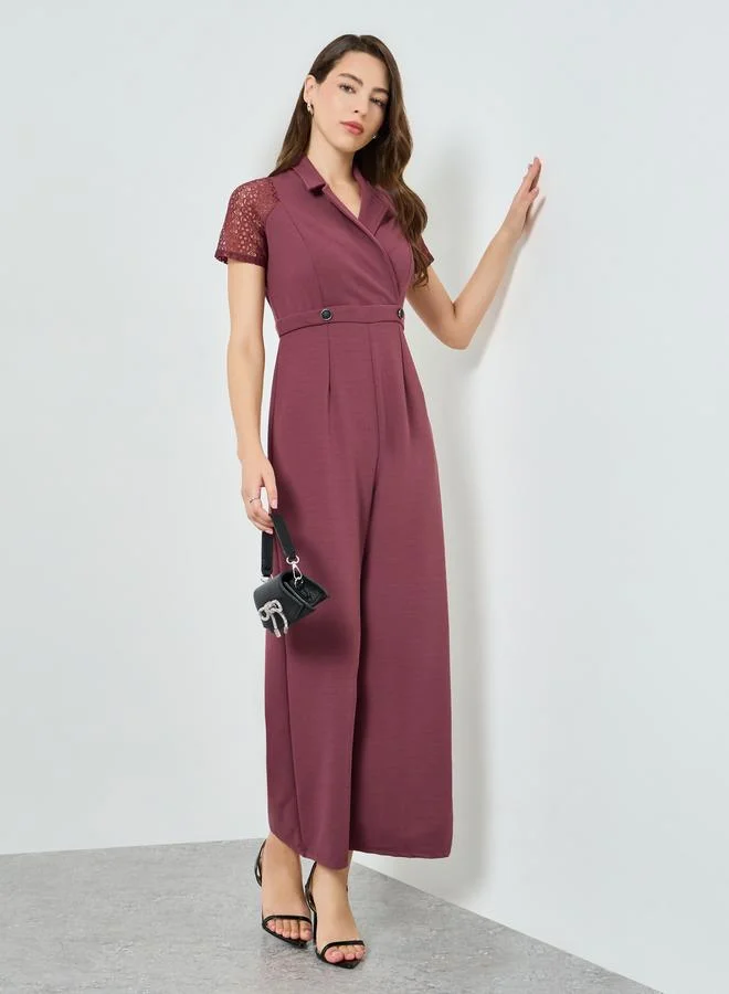 Pink Lace Sleeve Wide Leg Jumpsuit