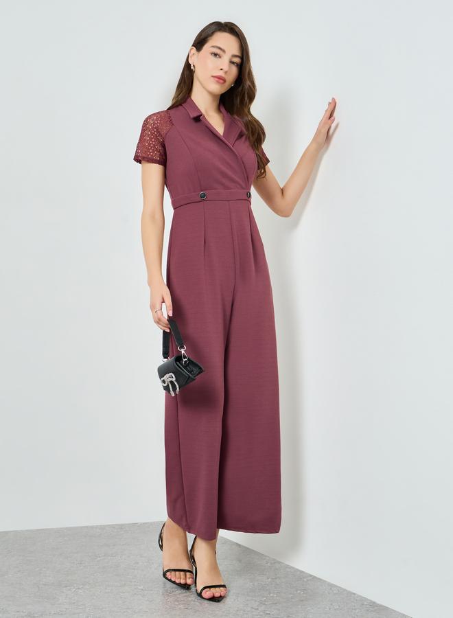 Styli Pink Lace Sleeve Wide Leg Jumpsuit - Image 1