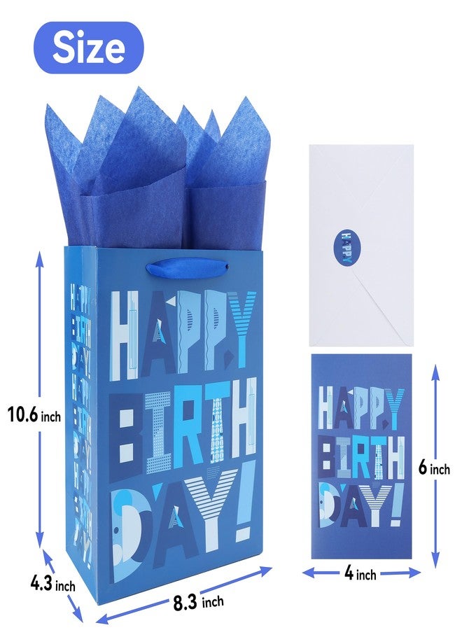 wishinside 2 Pack 10.6” Medium Blue Gift Bags Set with Greeting Card and Tissue Papers (Blue Happy Birthday) for Men's Birthday Party, Kids' Parties, Baby Shower, or Baby Boy - 8.3”x4.3”x10.6”, 1 Pcs - Image 2
