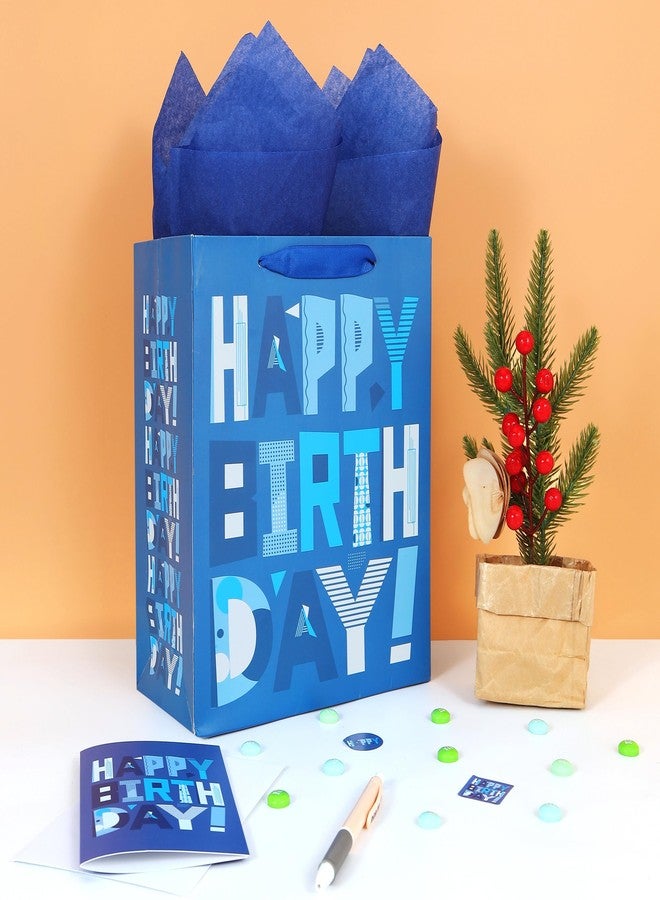 wishinside 2 Pack 10.6” Medium Blue Gift Bags Set with Greeting Card and Tissue Papers (Blue Happy Birthday) for Men's Birthday Party, Kids' Parties, Baby Shower, or Baby Boy - 8.3”x4.3”x10.6”, 1 Pcs - Image 5