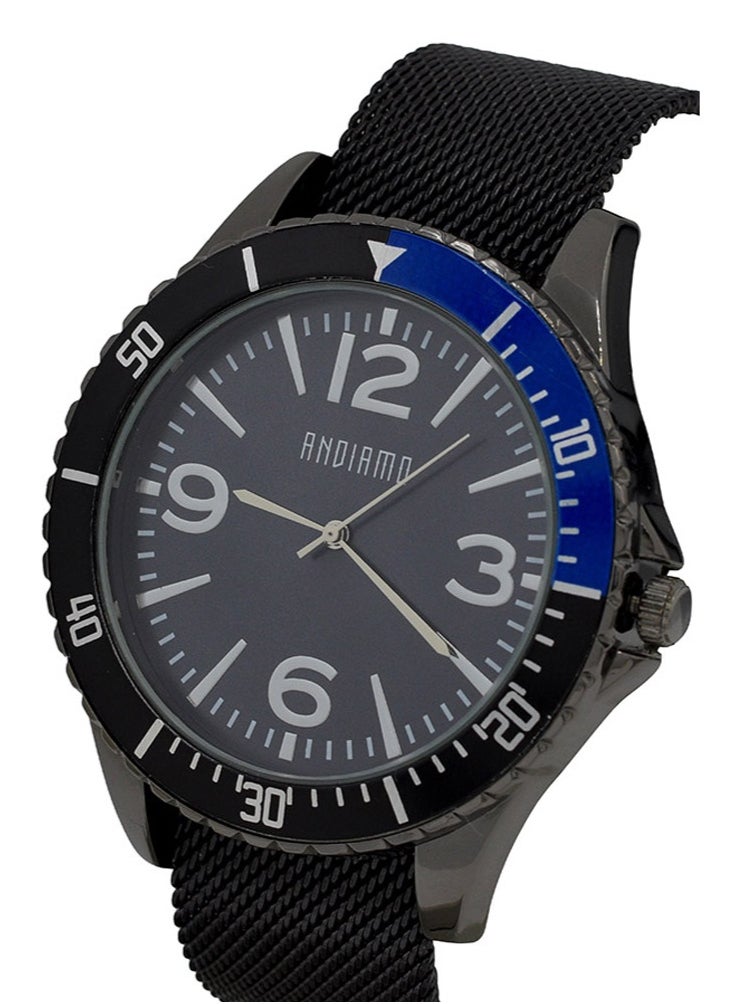 ANDIAMO Men's Analog Black Case Black Mesh Belt Strap Set Watch  - Image 1