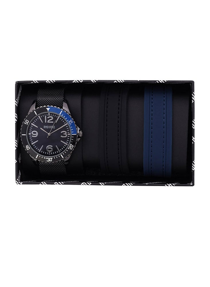 ANDIAMO Men's Analog Black Case Black Mesh Belt Strap Set Watch  - Image 2