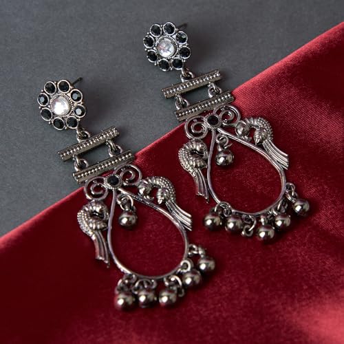 Moonstruck Oxidized Silver Pearl Boho Gypsy Dangle Earrings for Women – Lightweight Antique Silver Alloy Ethnic Chandbali Earrings, Traditional Indian Jewelry for Festival, Wedding & Party - Image 3