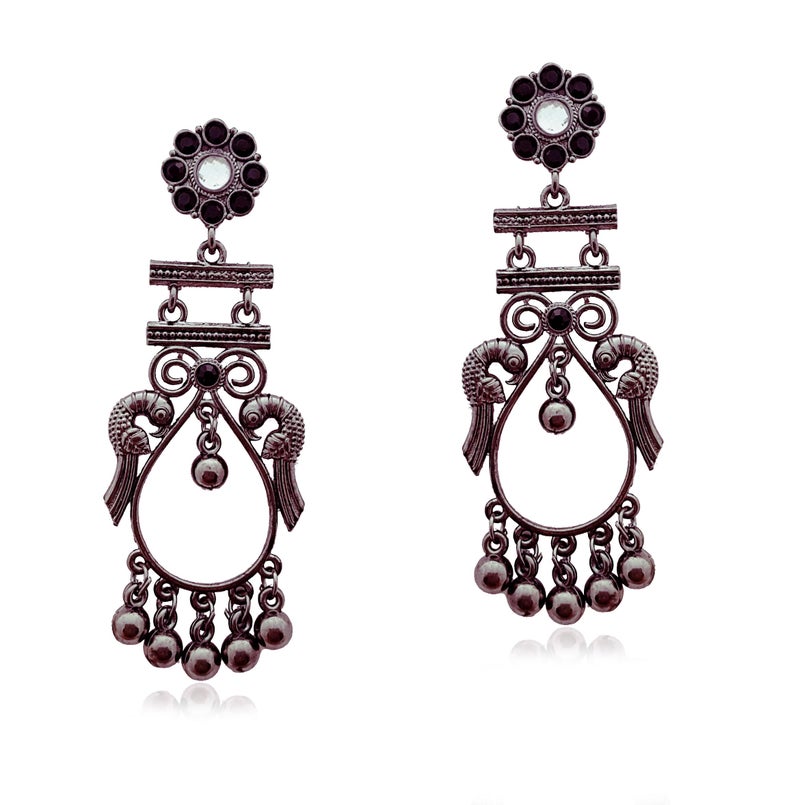 Moonstruck Oxidized Silver Pearl Boho Gypsy Dangle Earrings for Women – Lightweight Antique Silver Alloy Ethnic Chandbali Earrings, Traditional Indian Jewelry for Festival, Wedding & Party - Image 1