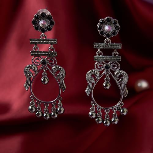 Moonstruck Oxidized Silver Pearl Boho Gypsy Dangle Earrings for Women – Lightweight Antique Silver Alloy Ethnic Chandbali Earrings, Traditional Indian Jewelry for Festival, Wedding & Party - Image 4