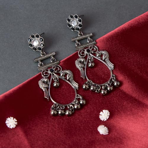 Moonstruck Oxidized Silver Pearl Boho Gypsy Dangle Earrings for Women – Lightweight Antique Silver Alloy Ethnic Chandbali Earrings, Traditional Indian Jewelry for Festival, Wedding & Party - Image 5