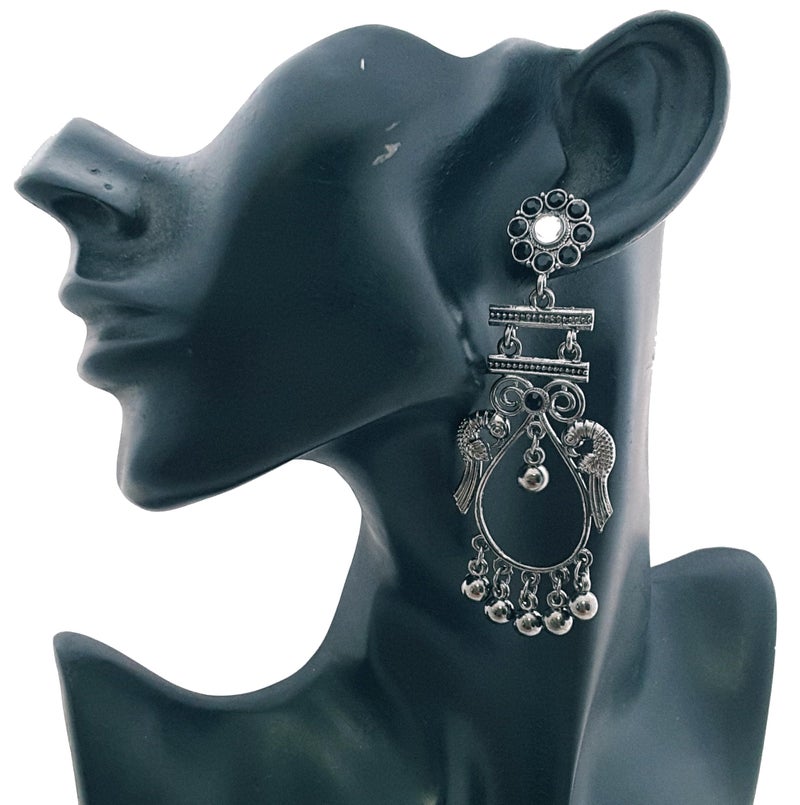 Moonstruck Oxidized Silver Pearl Boho Gypsy Dangle Earrings for Women – Lightweight Antique Silver Alloy Ethnic Chandbali Earrings, Traditional Indian Jewelry for Festival, Wedding & Party - Image 2