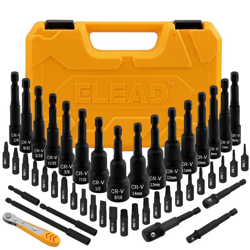 ELEAD 47-Piece Magnetic Nut Driver & Screwdriver Bit Set - Strong Magnetic Nut Drivers for Impact Drill, Power Nut Driver, Screwdriver Bit, Mini Ratcheting Wrench, Drill Bit Extension & Socket Adapter - Image 1