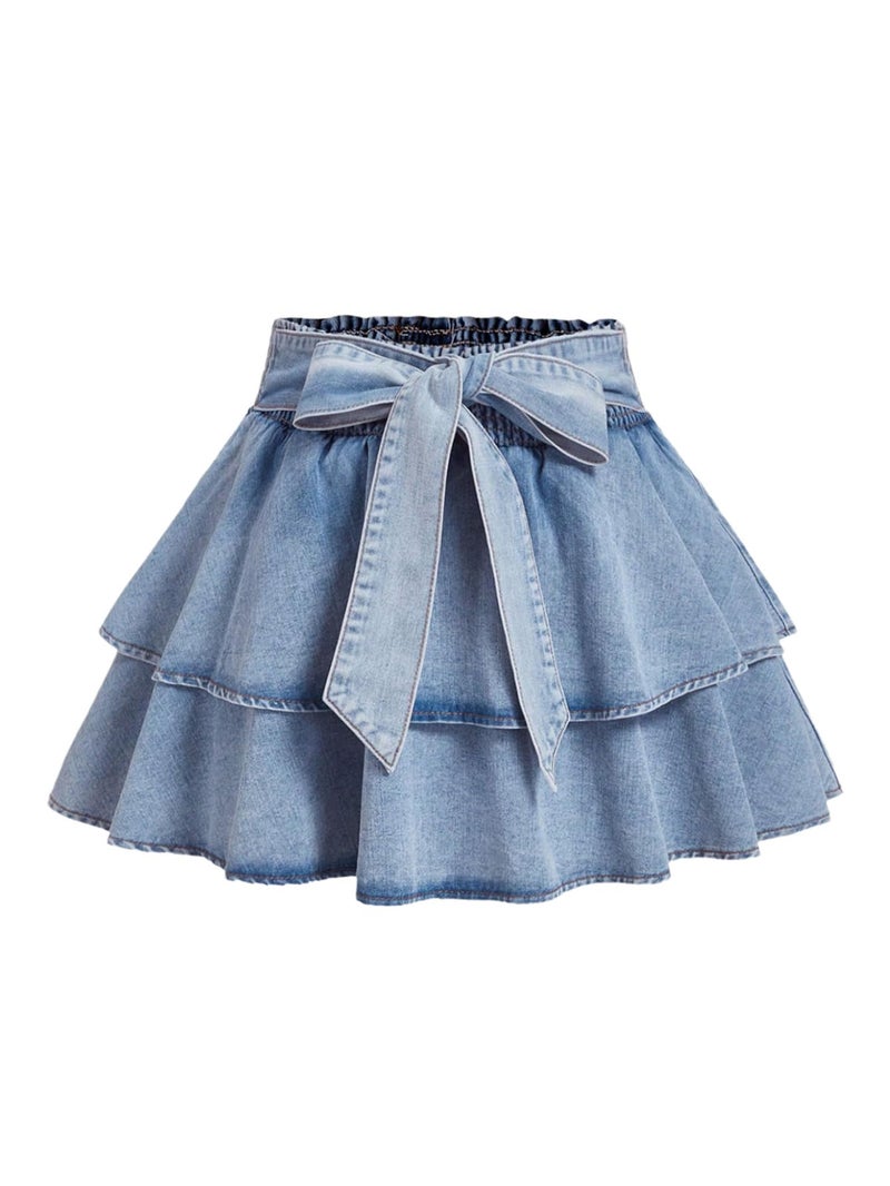 WDIRARA Women's Plus Size Bow Mini Denim Skirt Layered Ruffle Elastic Waist A Line Jean Skirts Light Wash XX-Large Plus - Image 1